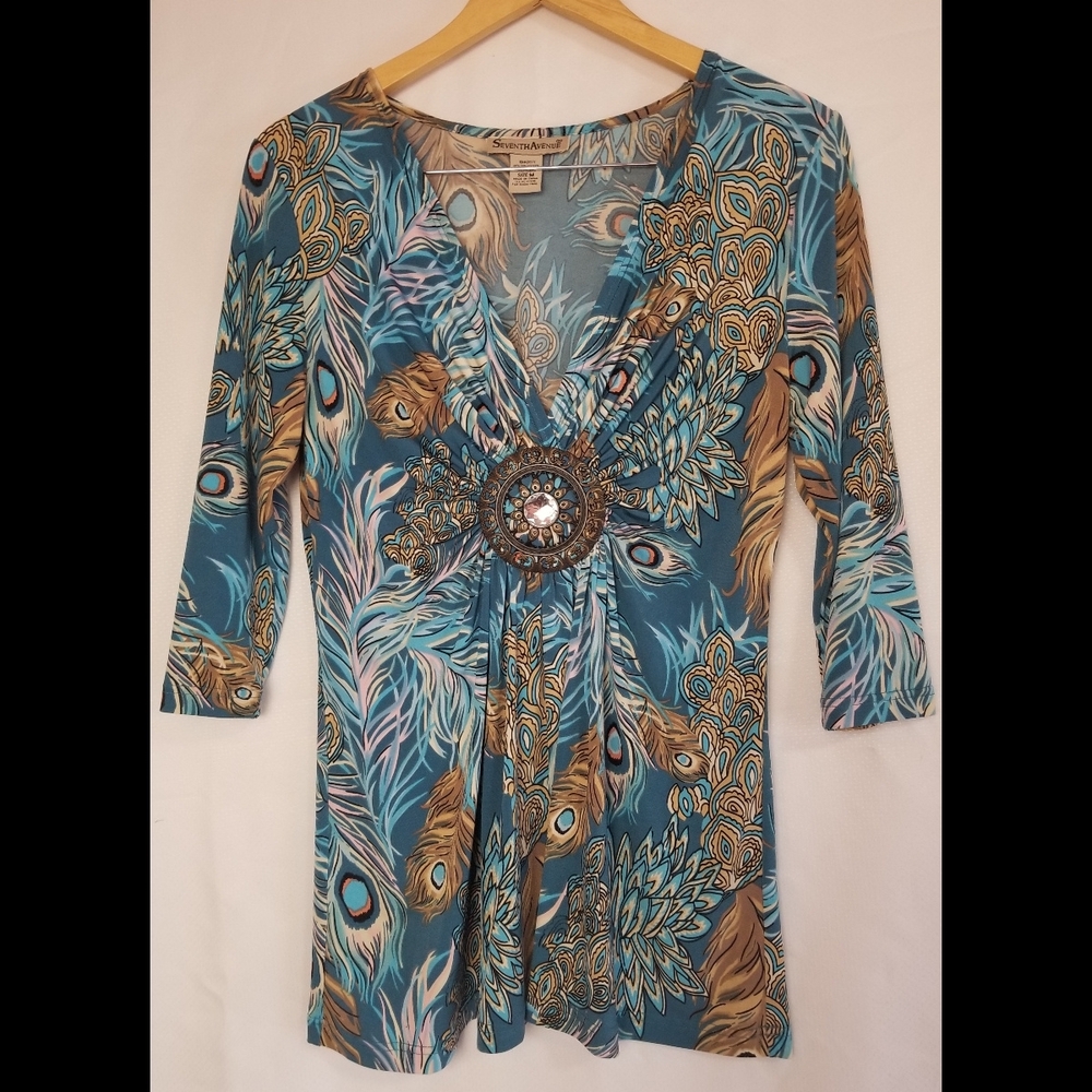 Seventh Avenue Peacock Feather Print Women's Top Size Medium